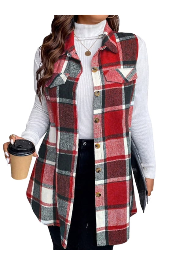 Womens Plus Size Sleeveless Plaid Vest Wool Blazer Jackets Cardigan Outerwear Fall Winter Tops 1X-4X