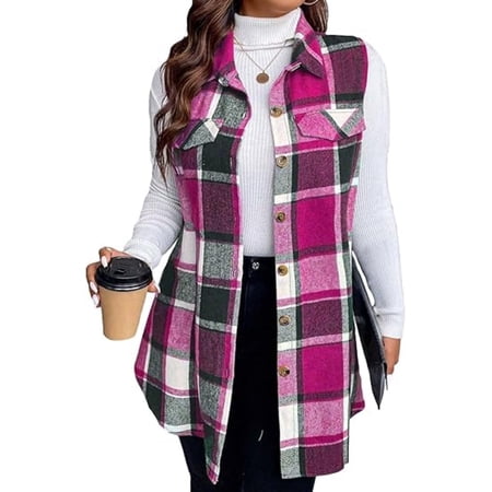 Cuteduck Womens Plus Size Sleeveless Plaid Vest Wool Blazer Jackets Cardigan Outerwear Fall Winter Tops 1X-4X