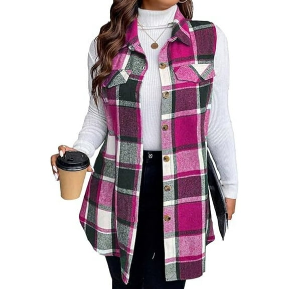 Cuteduck Womens Plus Size Sleeveless Plaid Vest Wool Blazer Jackets Cardigan Outerwear Fall Winter Tops 1X-4X