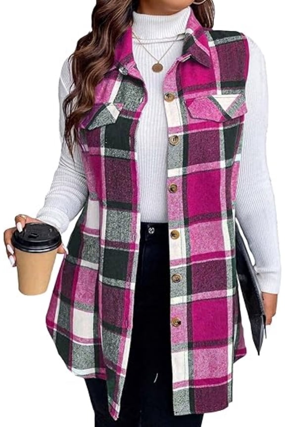 Womens Plus Size Sleeveless Plaid Vest Wool Blazer Jackets Cardigan Outerwear Fall Winter Tops 1X-4X