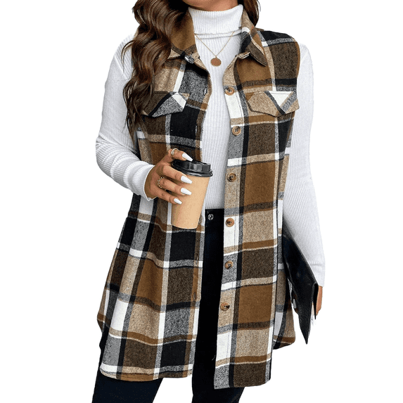 Cuteduck Women's Plus Size Sleeveless Checkered Tunic Vest, Classic Turn-Down Collar 1X-4X