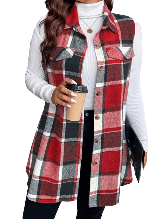 Women's Plus Size Sleeveless Checkered Tunic Vest, Classic Turn-Down Collar 1X-4X