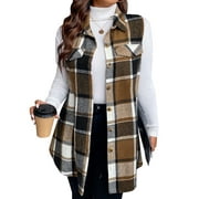 CUTEDUCK Womens Plus Size Sleeveless Plaid Vest Wool Blazer Jackets Cardigan Outerwear Fall Winter Tops 1X-4X