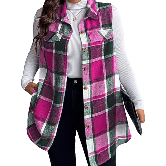 Cuteduck Women's Plus Size Sleeveless Checkered Tunic Vest, Classic Turn-Down Collar 1X-4X