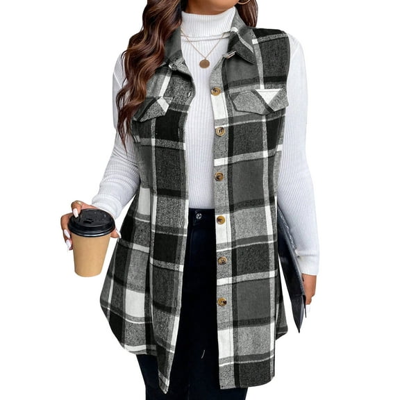 Cuteduck Womens Plus Size Sleeveless Plaid Vest Wool Blazer Jackets Cardigan Outerwear Fall Winter Tops 1X-4X