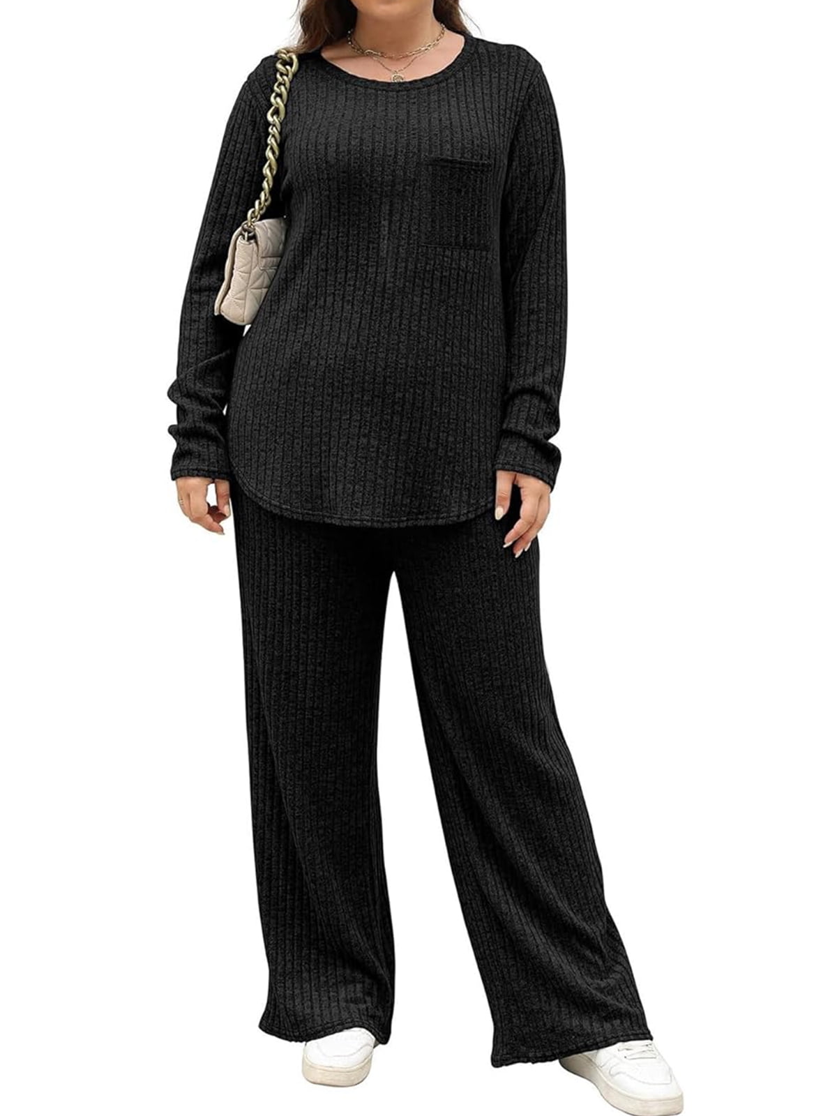 Cuteduck Womens Plus Size Two Piece Lounge Sets Long Sleeve Wide Leg