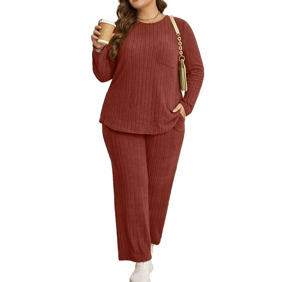 Cuteduck Womens Plus Size Two Piece Lounge Sets Long Sleeve Wide Leg Pants Homewear Pajamas Set with Pocket 1X-5X