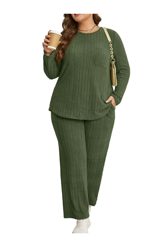 Womens Plus Size Two Piece Lounge Sets Long Sleeve Wide Leg Pants Homewear Pajamas Set with Pocket 1X-5X