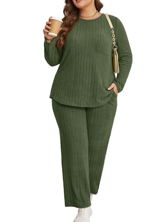 Womens Plus Size 2 Piece Outfit Set Long Sleeve Wide Leg Pant Loungewear Pajamas Set with Pocket 1X-5X
