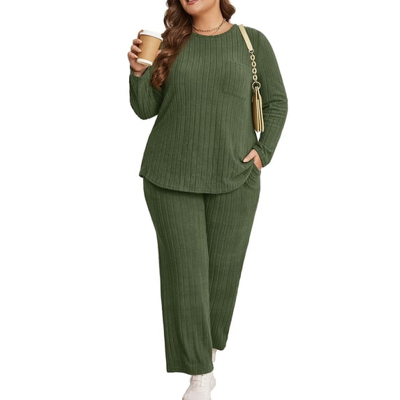 Cuteduck Womens Plus Size Two Piece Lounge Sets Long Sleeve Wide Leg Pants Homewear Pajamas Set with Pocket (1X-5X)
