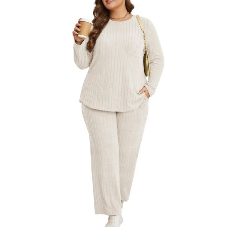Cuteduck Womens Plus Size Two Piece Lounge Sets Long Sleeve Wide Leg Pants Homewear Pajamas Set with Pocket (1X-5X)