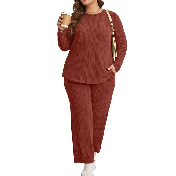Cuteduck Womens Plus Size 2 Piece Outfit Set Long Sleeve Wide Leg Pant Loungewear Pajamas Set with Pocket 1X-5X
