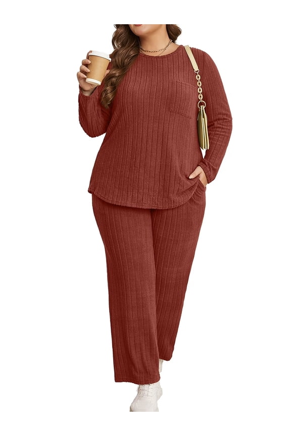 Womens Plus Size Two Piece Lounge Sets Long Sleeve Wide Leg Pants Homewear Pajamas Set with Pocket (1X-5X)