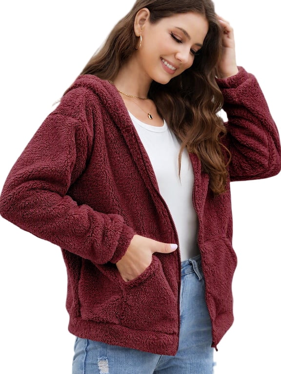 Womens Sherpa Jacket Fuzzy Fleece Zip Up Winter Hoodies Coat, S-2XL