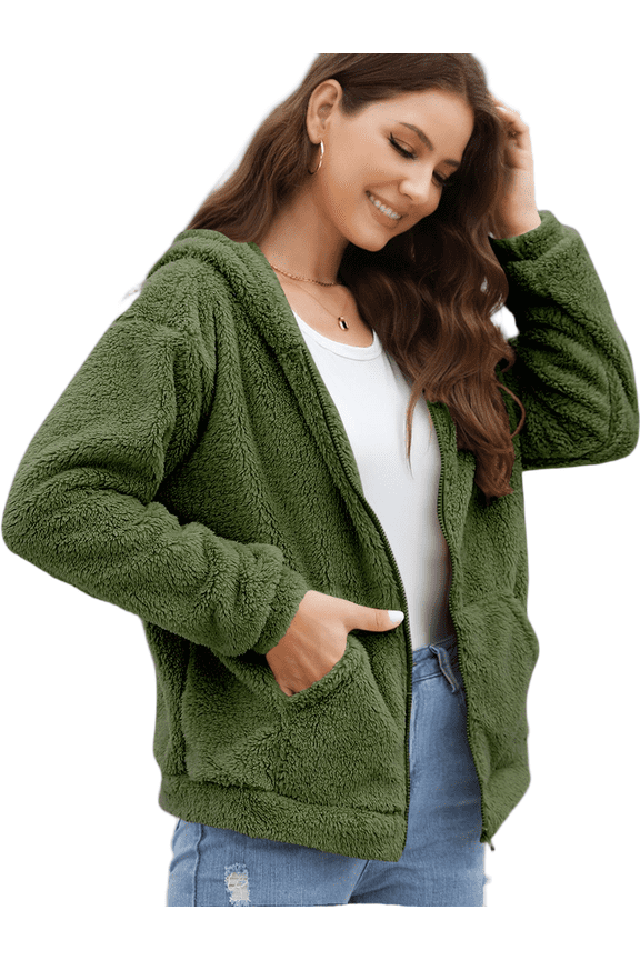 Womens Sherpa Jacket Fuzzy Fleece Zip Up Winter Hoodies Coat, S-2XL