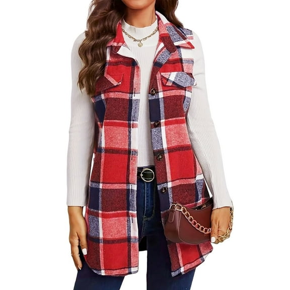 Cuteduck Womens Sleeveless Plaid Vest Wool Blazer Jackets Cardigan Outerwear Fall Winter Tops S-2XL