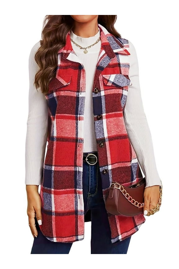 Womens Sleeveless Plaid Vest Wool Blazer Jackets Cardigan Outerwear Fall Winter Tops S-2XL