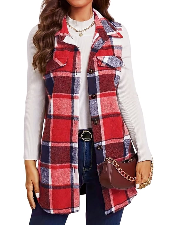 Womens Sleeveless Plaid Vest Wool Blazer Jackets Cardigan Outerwear Fall Winter Tops S-2XL