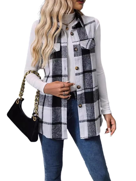 Womens Sleeveless Plaid Vest Wool Blazer Jackets Cardigan Outerwear Fall Winter Tops