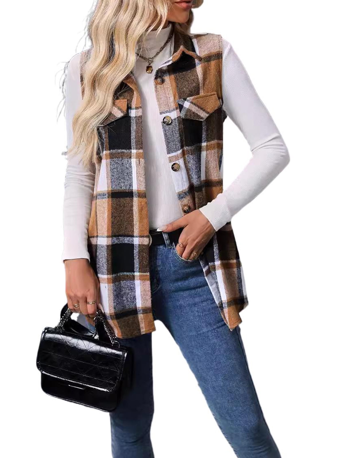 Cuteduck Womens Sleeveless Plaid Vest Wool Blazer Jackets Cardigan Outerwear Fall Winter Tops