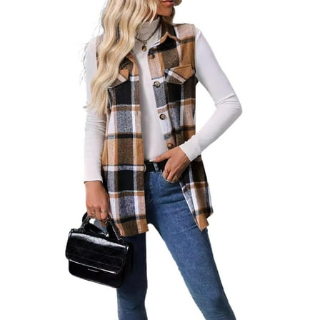 Cuteduck Womens Sleeveless Plaid Vest Wool Blazer Jackets Cardigan Outerwear Fall Winter Tops