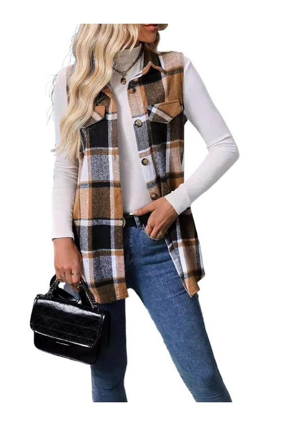 Womens Sleeveless Plaid Vest Wool Blazer Jackets Cardigan Outerwear Fall Winter Tops