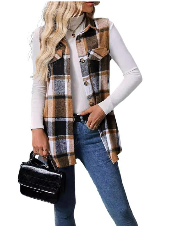 Womens Sleeveless Plaid Vest Wool Blazer Jackets Cardigan Outerwear Fall Winter Tops