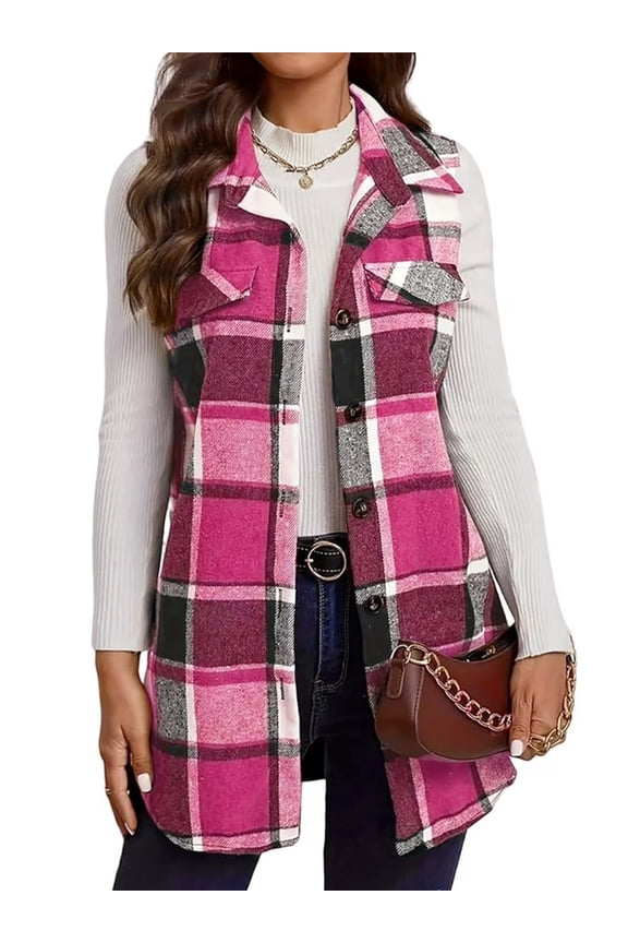 Womens Sleeveless Plaid Vest Wool Blazer Jackets Cardigan Outerwear Fall Winter Tops