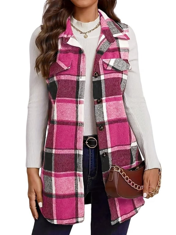 Women's Plaid Sleeveless Vest Blazer Notched Lapel Sleeveless Jacket S-2XL