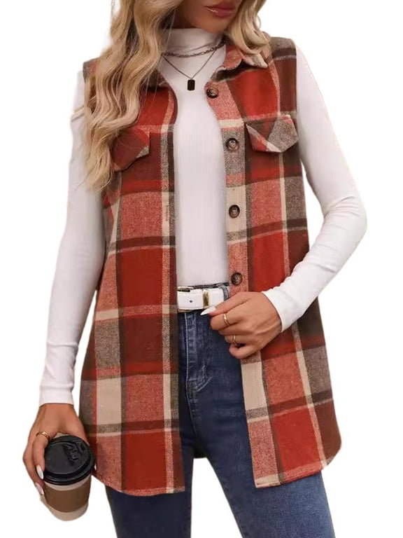 Womens Sleeveless Plaid Vest Wool Blazer Jackets Cardigan Outerwear Fall Winter Tops