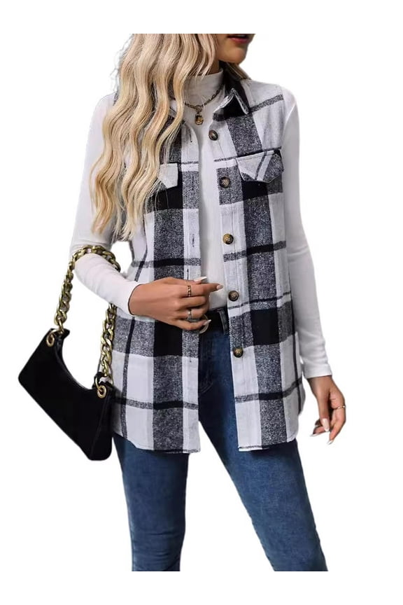 Womens Sleeveless Plaid Vest Wool Blazer Jackets Cardigan Outerwear Fall Winter Tops