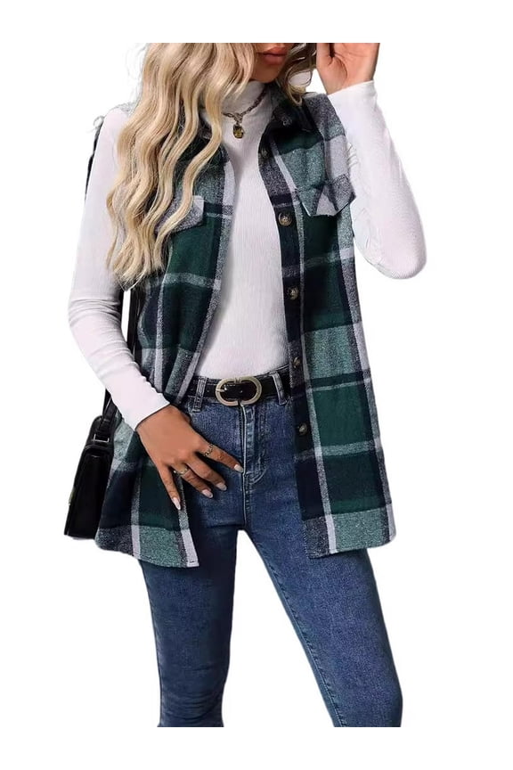 Womens Sleeveless Plaid Vest Wool Blazer Jackets Cardigan Outerwear Fall Winter Tops