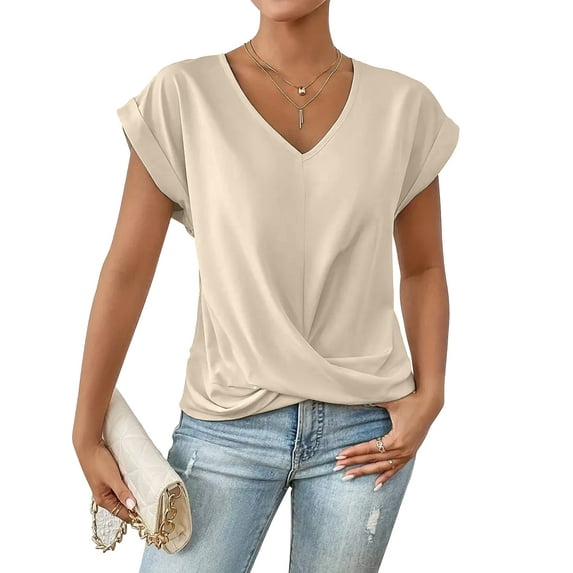 Cuteduck Womens Tops V-Neck Twist Front Rolled-Up Sleeves Casual Shirts S-XXL