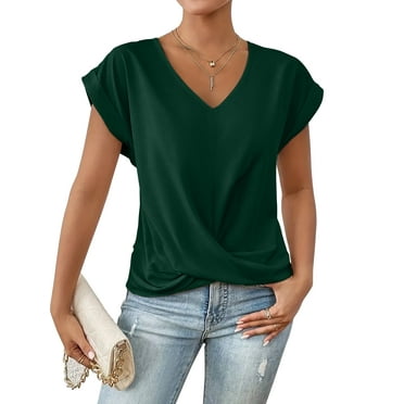 Cuteduck Womens Tops V-Neck Twist Front Rolled-Up Sleeves Casual Shirts S-XXL