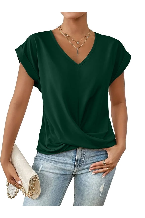 Womens Tops V-Neck Twist Front Rolled-Up Sleeves Casual Shirts S-XXL