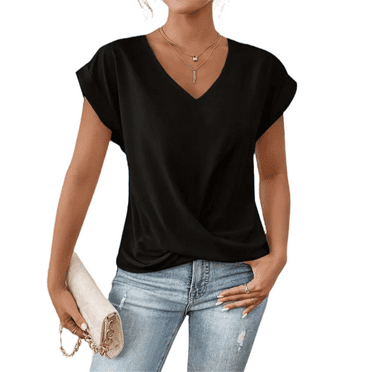 Cuteduck Womens Tops V-Neck Twist Front Rolled-Up Sleeves Casual Shirts S-XXL
