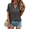 thumbnail image 1 of Cuteduck Womens Tshirts V Neck Short Sleeve Buttons Tops Tee Solid Color Blouse Loose Fit S-2XL, 1 of 4