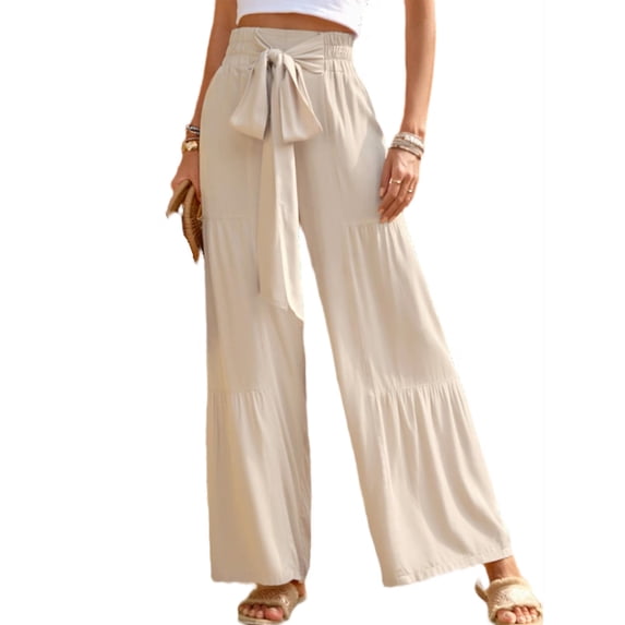 Cuteduck Womens Wide Leg Palazzo Pants Flowy High Waist Boho Pants with Tie Belt S-2XL