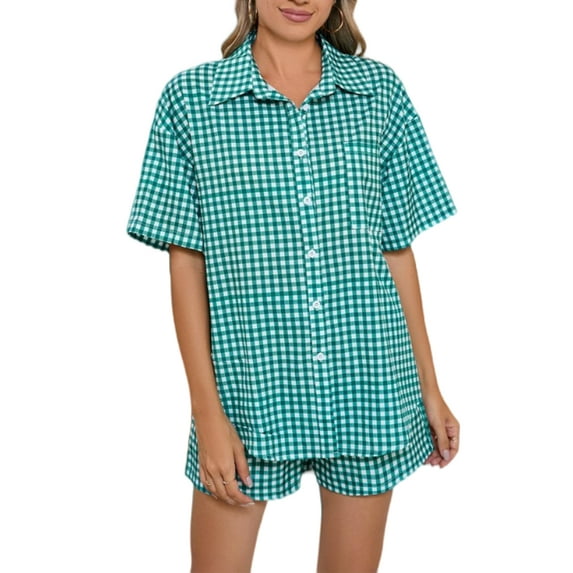 Musefolio Womens Gingham Button Up Pajama 2 Piece Lounge Set with Chest Pocket and Elastic Waist S-XXL