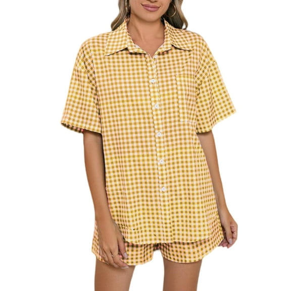 Musefolio Womens Gingham Button Up Pajama 2 Piece Lounge Set with Chest Pocket and Elastic Waist S-XXL