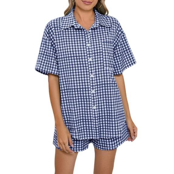 Musefolio Womens Gingham Button Up Pajama 2 Piece Lounge Set with Chest Pocket and Elastic Waist S-XXL
