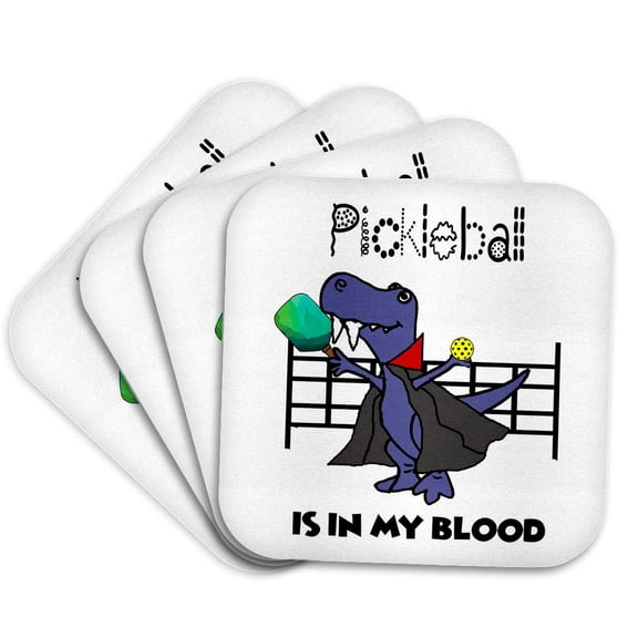 3drose, Cutel Funny Cute T-rex Dinosaur Vampire Pickleball Is in My Blood Pun, Set of 4 Coasters - Soft