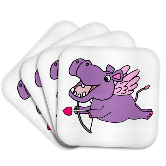 3drose, Cutel Funny Flying Purple Hippo Cupid Love Cartoon, Set of 4 Coasters - Soft