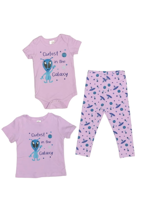 Cutest in the Galaxy - Baby Girl Alien 2-Piece Clothing Set | Onesie Bodysuit or T-shirt with matching Leggings | Short Sleeve | Cotton | Baby Shower Gift | 0-36 months