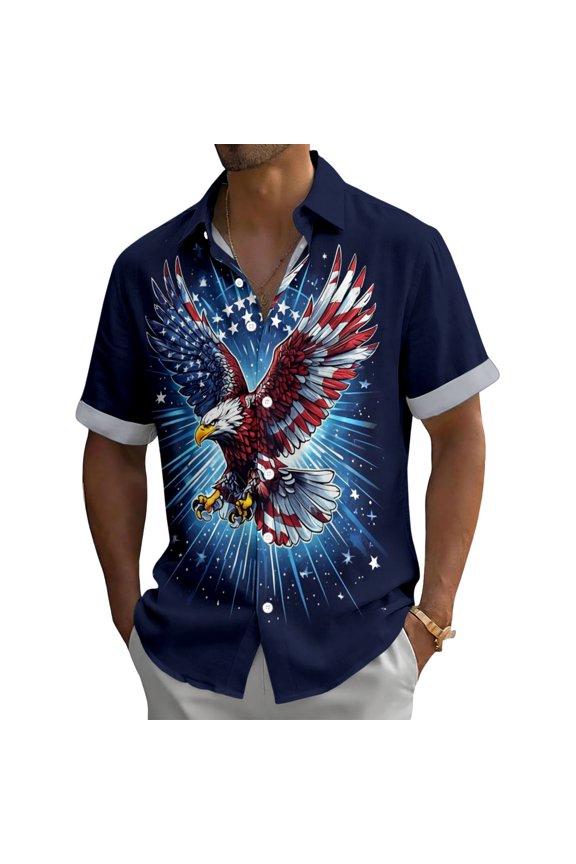 4th Of July Button Up Shirt American Flag Eagle Hawaiian Shirt Button Down Patriotic Tops for Parade