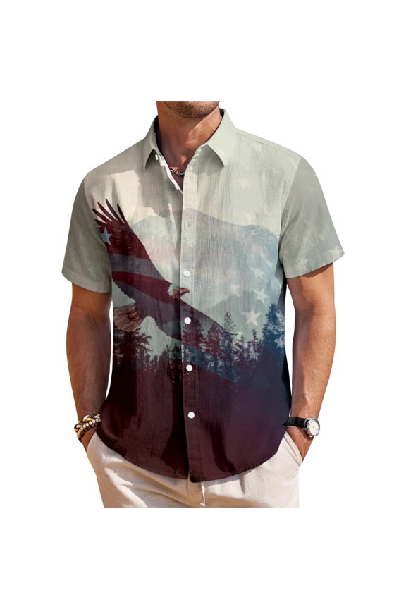4th of July Button Up Shirt Men Flag Eagle Short Sleeve Shirts Summer Patriotic Tops for Memorial Day