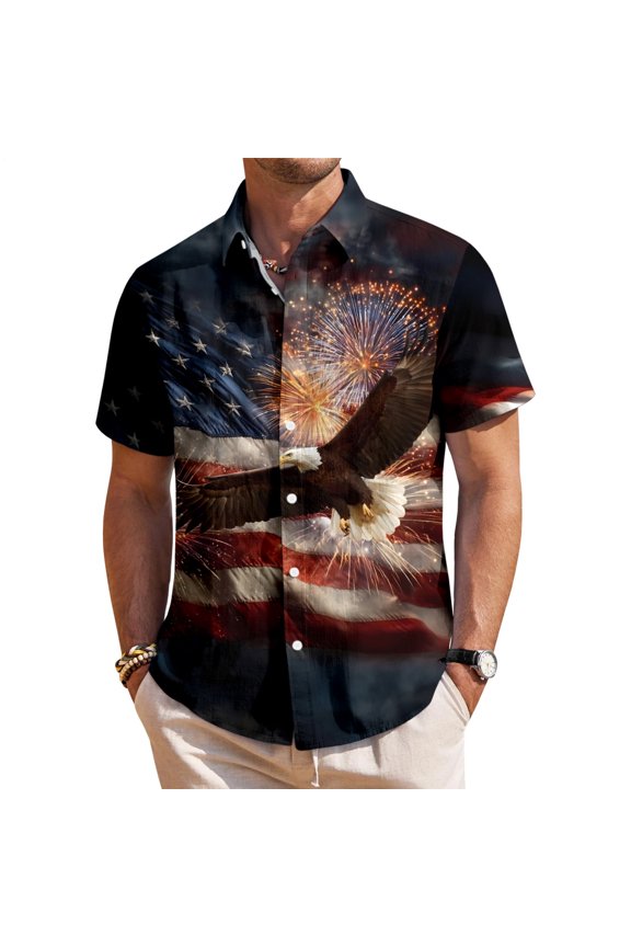 4th of July Button Up Shirt Men Flag Eagle Short Sleeve Shirts Summer Patriotic Tops for Memorial Day