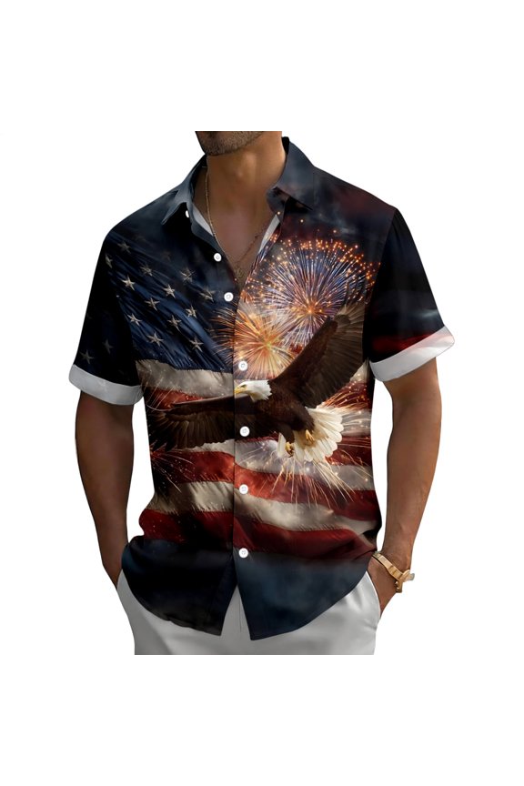 American Flag Button Down Shirt Men Flag Eagle Short Sleeve Shirts Summer Patriotic Tops for Memorial Day
