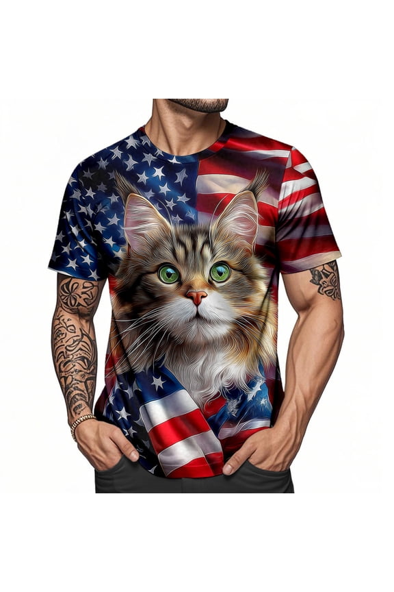 American Flag T Shirts for Men Patriotic Animal Summer Crewneck Short Sleeve Tee Fashion Clothes Daily Wear