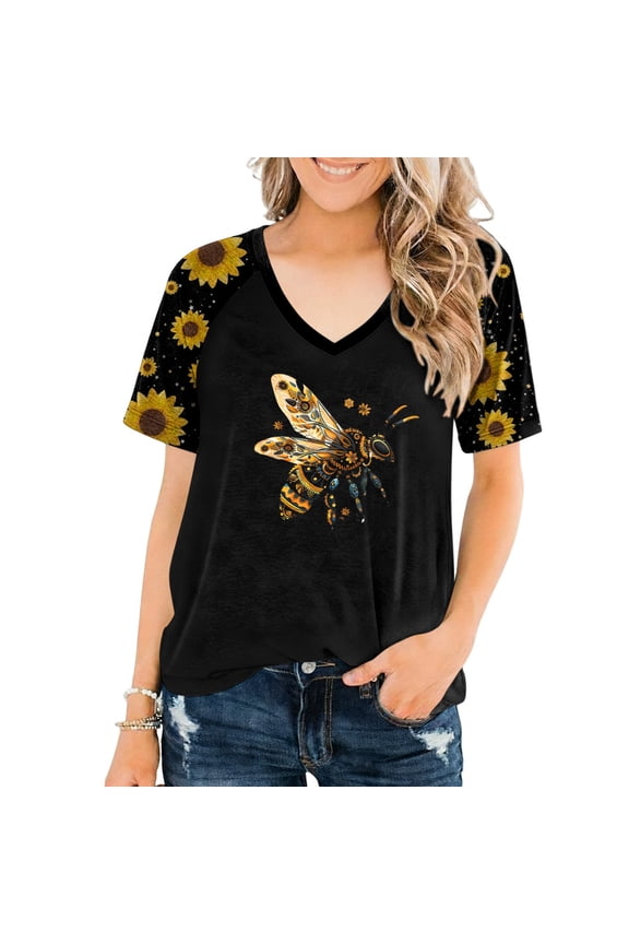 Bee Tshirt Women V Neck Sunflower Raglan Short Sleeve Spring Graphic Tees Summer Clothes for Dating
